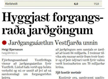 Grein: Sjö jarðgangakostir á Vestfjörðum